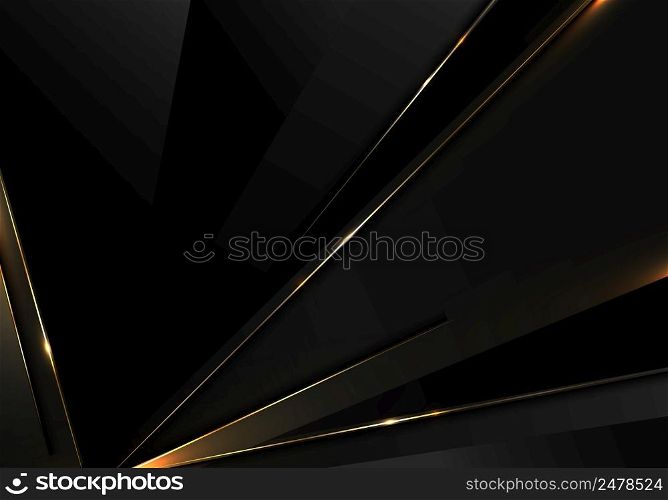 Abstract black triangles dimension pattern with golden lines and sparkling light on dark background. Luxury style. Vector illustration