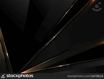 Abstract black triangles dimension pattern with golden lines and sparkling light on dark background. Luxury style. Vector illustration