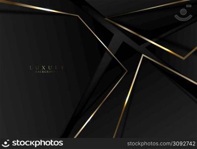 Abstract black triangles with shiny golden lines geometric on dark background. Luxury style. Vector illustration