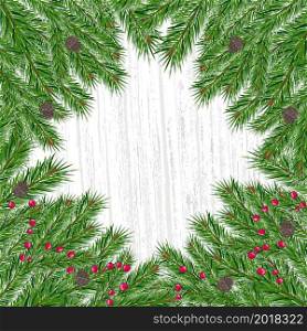Abstract blank card with green spruce branches, holly berries and cones. Background for celebration design, advertisement or invitation card. Vector illustration. Christmas or New Year.. card with green spruce branches, holly berries