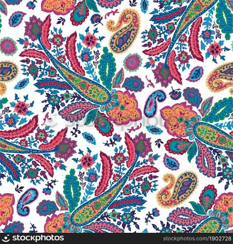 Abstract blooming and flourishing, psychedelic flowers and leaves print or background. Textile or motif for fabric or greeting card. Vivid plants in blossom. Seamless pattern, vector in flat style. Trippy floral texture, abstract flowers and leaves