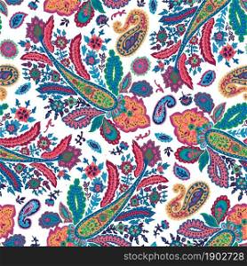 Abstract blooming and flourishing, psychedelic flowers and leaves print or background. Textile or motif for fabric or greeting card. Vivid plants in blossom. Seamless pattern, vector in flat style. Trippy floral texture, abstract flowers and leaves