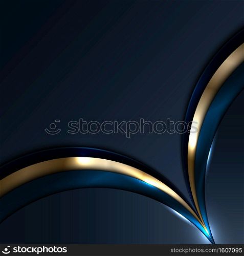 Abstract blue and gold circles overlapping layer with light and shadow on dark blue background. Luxury style. Vector illustration
