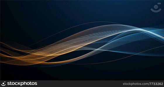 Abstract blue and gold smoke Waves. Shiny moving lines design element on dark background for gift, greeting card and disqount voucher. Vector Illustration. Abstract Waves. Shiny blue moving lines design element on dark background for greeting card and disqount voucher.