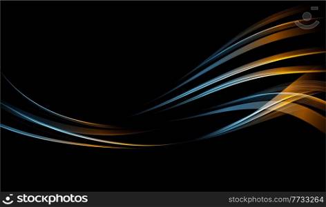 Abstract blue and gold smoke Waves. Shiny moving lines design element on dark background for gift, greeting card and disqount voucher. Vector Illustration. Abstract Waves. Shiny blue moving lines design element on dark background for greeting card and disqount voucher.