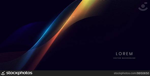Abstract blue and gold wave lines glowing on black background with copy space for text. Luxury design style. Vector illustration