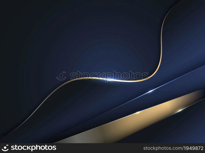 Abstract blue and golden wave stripes overlapping layer with lighting on dark blue background. Luxury concept. Vector graphic illustration