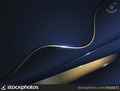 Abstract blue and golden wave stripes overlapping layer with lighting on dark blue background. Luxury concept. Vector graphic illustration
