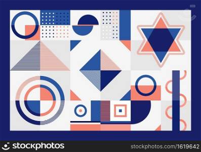 Abstract blue and orange geometric pattern rectangles, triangle, squares and circles shape design on white background. You can use for banner web, branding package, business presentation, fabric print ad, wallpaper, brochure cover, leaflet, poater. Vector illustration