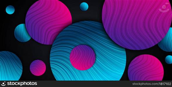 Abstract blue and pink gradient circles overlap with line curved layers design on back background. Vector illustration
