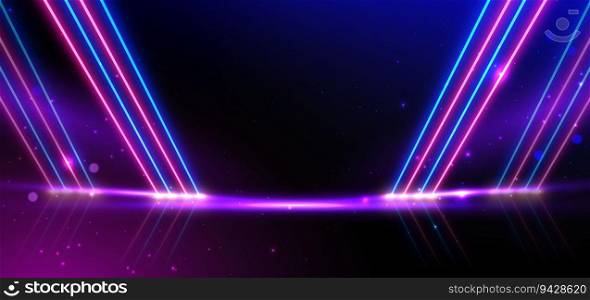 Abstract blue and pink neon diagonal glowing on black background with lighting effect. Vector illustration