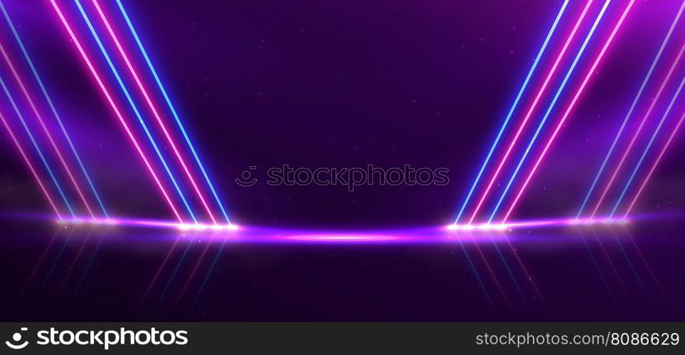 Abstract blue and pink neon diagonal glowing on dark purple background with sparkle. Vector illustration