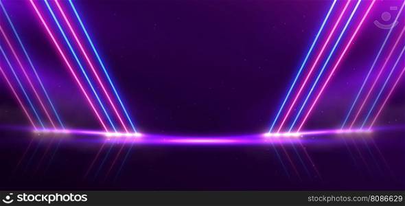 Abstract blue and pink neon diagonal glowing on dark purple background with sparkle. Vector illustration