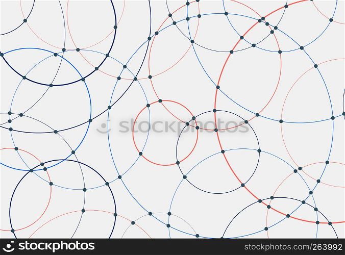 Abstract blue and red circles lines round overlay white background and connecting dots technology concept for your design. Vector Illustration