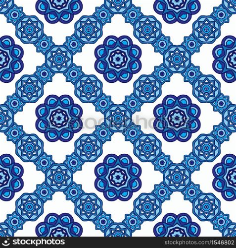 Abstract blue and white damask flower tile seamless ornamental vector pattern. Elegant Mediterranean texture for fabric and wallpapers, ceramic tiles, backgrounds and page fill.. Geometric seamless tiles design surface background blue and white ornament