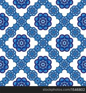 Abstract blue and white damask flower tile seamless ornamental vector pattern. Elegant Mediterranean texture for fabric and wallpapers, ceramic tiles, backgrounds and page fill.. Geometric seamless tiles design surface background blue and white ornament