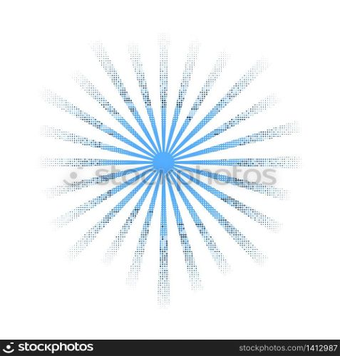 Abstract blue and white halftone starburst background. Vector illustration