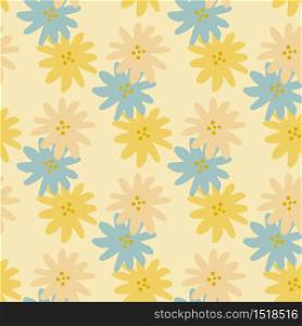 Abstract blue and yellow chamomiles flowers seamless pattern. Doodle style daisies floral endless wallpaper. Design for fabric design, textile print, wrapping paper, cover. Vector illustration. Abstract blue and yellow chamomiles flowers seamless pattern. Doodle style daisies floral endless wallpaper.