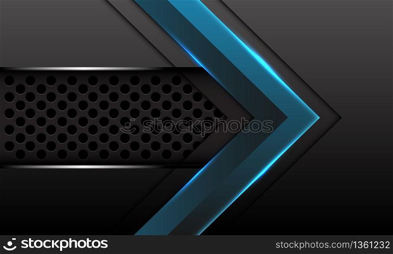 Abstract blue arrow direction on grey metallic with dark circle mesh pattern design modern futuristic technology style background vector illustration.
