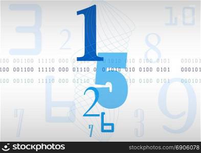 Abstract blue background with numbers, code and spiral lines. Vector.