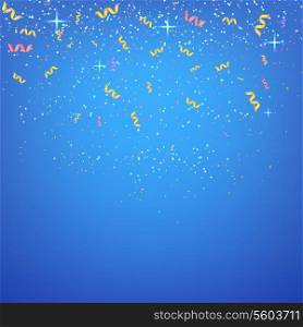 Abstract blue background with streamers and confetti. Vector illustration.