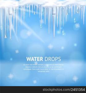 Abstract blue background with water drops falling from melting icicles and sun lights realistic vector illustration. Water Drops Abstract Poster