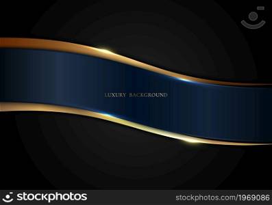 Abstract blue curve and gold stripes on black background luxury style. Vector graphic illustration
