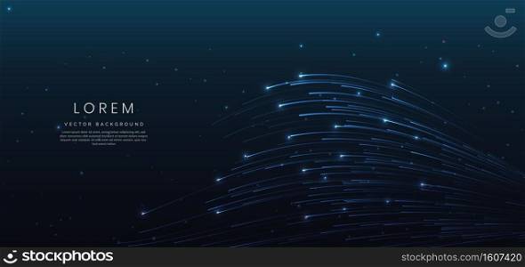 Abstract blue curved lines on blue background with lighting effect bokeh and copy space for text. Luxury design style. Vector illustration