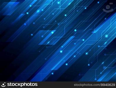 Abstract blue diagonal stripes and circuit on dark blue background technology digital futuristic concept. Vector illustration 