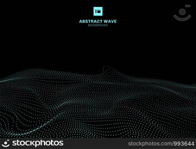 Abstract blue dynamic wave of particles on black background futuristic technology concept. Big data. Vector illustration