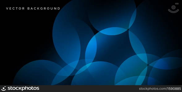 Abstract blue geometric circles overlapping on black background. Technology concept. Vector illustration