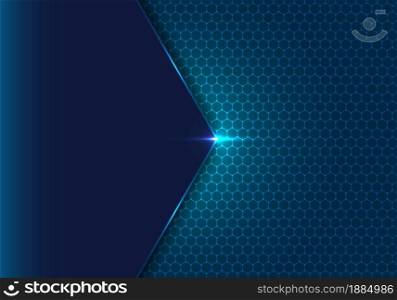 Abstract blue geometric hexagon with dot pattern and light ing effect technology concept background. Honeycomb metal texture steel backdrop. Vector illustration