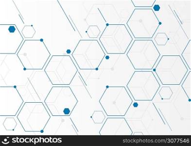 Abstract blue geometric hexagons molecular structures on white background. Social network connection technology concept. Vector illustration