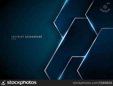 Abstract blue geometric overlapping layer with lighting on dark background. Texture metallic effect element decoration. Luxury style. Vector illustration