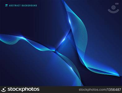 Abstract blue geometric with wavy line and lighting effect on dark background. Technology concept. Vector illustration