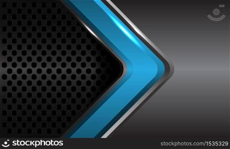 Abstract blue glossy arrow direction on grey metallic with circle mesh pattern design modern futuristic technology luxury background texture vector illustration.