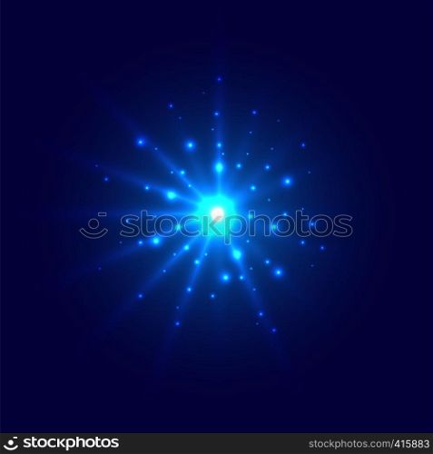 Abstract blue glow light burst explosion with magic bright sparkle center and glitters around on dark background. Vector illustration