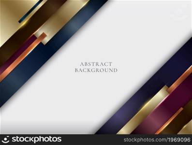 Abstract blue, gold, purple metallic diagonal stripes geometric shapes with shiny golden lines on white background luxury style. Vector illustration
