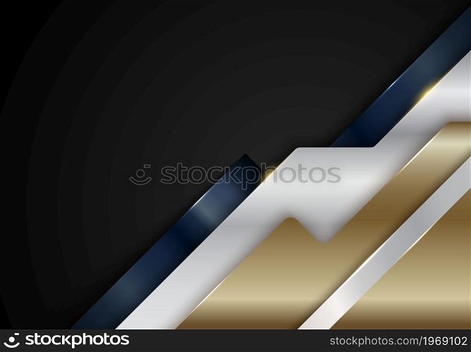 Abstract blue, gold, white metallic diagonal stripes geometric shapes with shiny golden lines on black background luxury style. Vector illustration