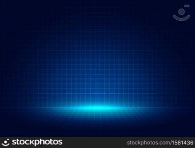 Abstract blue grid perspective design background with lighting. High technology lines landscape connect of future. Vector illustration