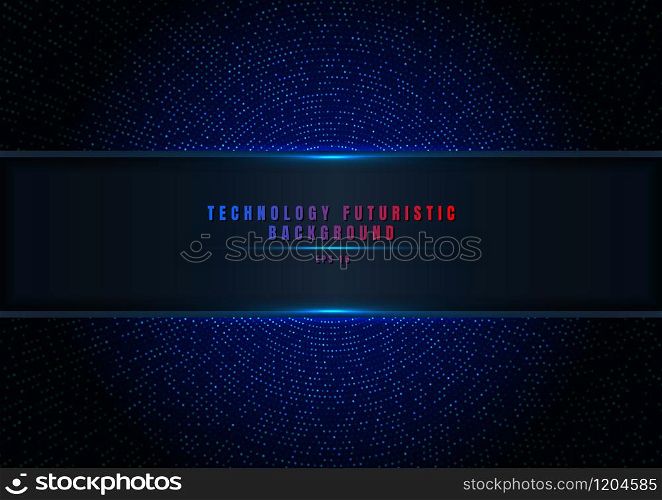 Abstract blue halftone glittering effect with dot radial pattern and glowing lights on dark background technology style with gradient panel and lighting. Vector illustration