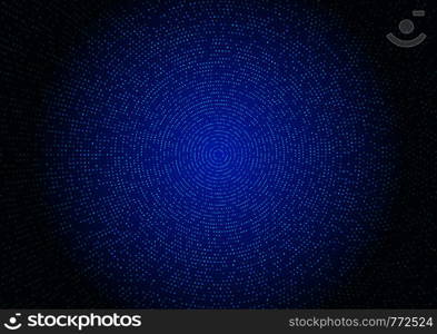 Abstract blue halftone glittering effect with dot radial pattern and glowing lights on dark background technology style. Vector illustration
