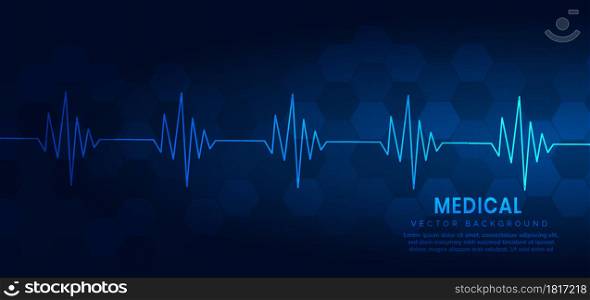 Abstract blue Heart pulse monitor on hexagon pattern background. Medical concept. Vector illustraiton