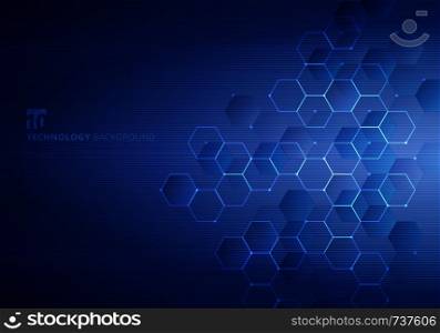 Abstract blue hexagons with nodes digital geometric and lines and dots dark blue background with horizontal light. Technology connection concept. Vector illustration