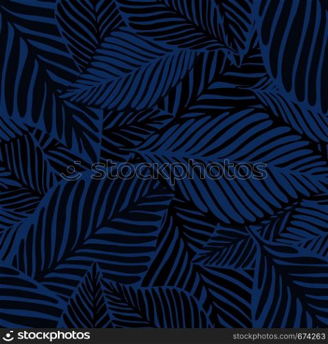 Abstract blue jungle print. Exotic plant. Tropical pattern, palm leaves seamless vector floral background.. Abstract blue jungle seamless print. Exotic plant. Tropical pattern