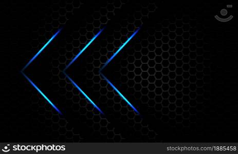 Abstract blue light arrow direction overlap on dark grey metallic hexagon mesh pattern design modern luxury futuristic background vector illustration.