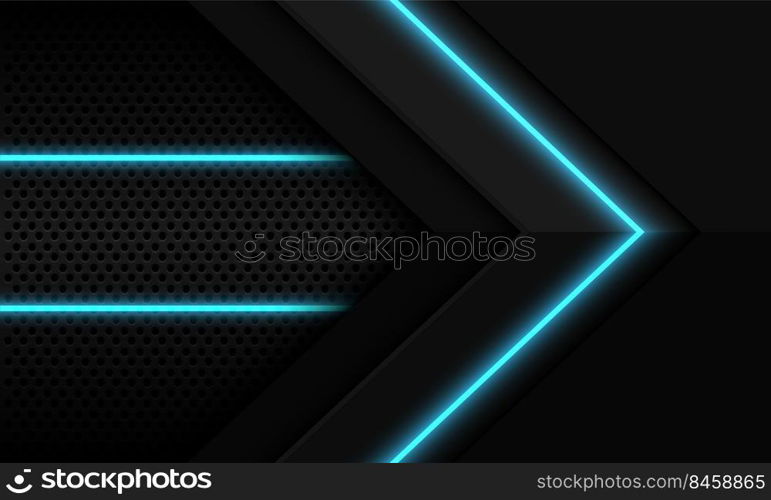 Abstract blue light grey black metallic arrow direction geometric shape with circle mesh pattern blank space design modern futuristic background vector illustration.