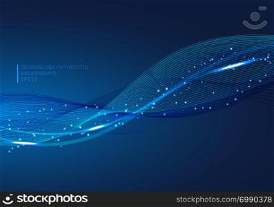 Abstract blue lines wave glowing light element digital stream series technology communication data science background. Vector illustration
