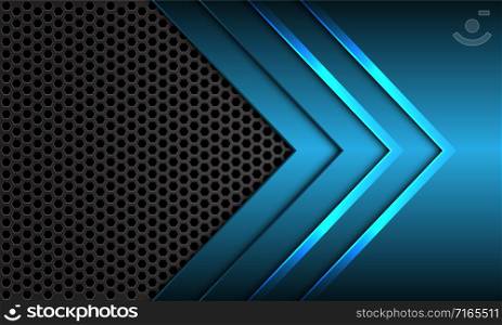 Abstract blue metallic arrow direction with dark grey hexagon mesh design modern futuristic background vector illustration.
