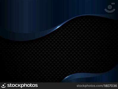 Abstract blue metallic wave shape with lighting on black carbon fiber background and texture. Vector illustration